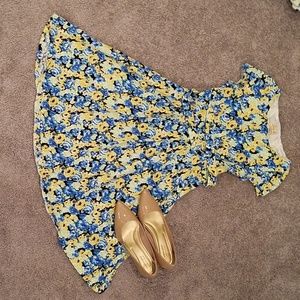 Yellow blue and black floral full skirt dress